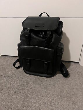 Coach Black Leather Men's Backpack with Front Pocket